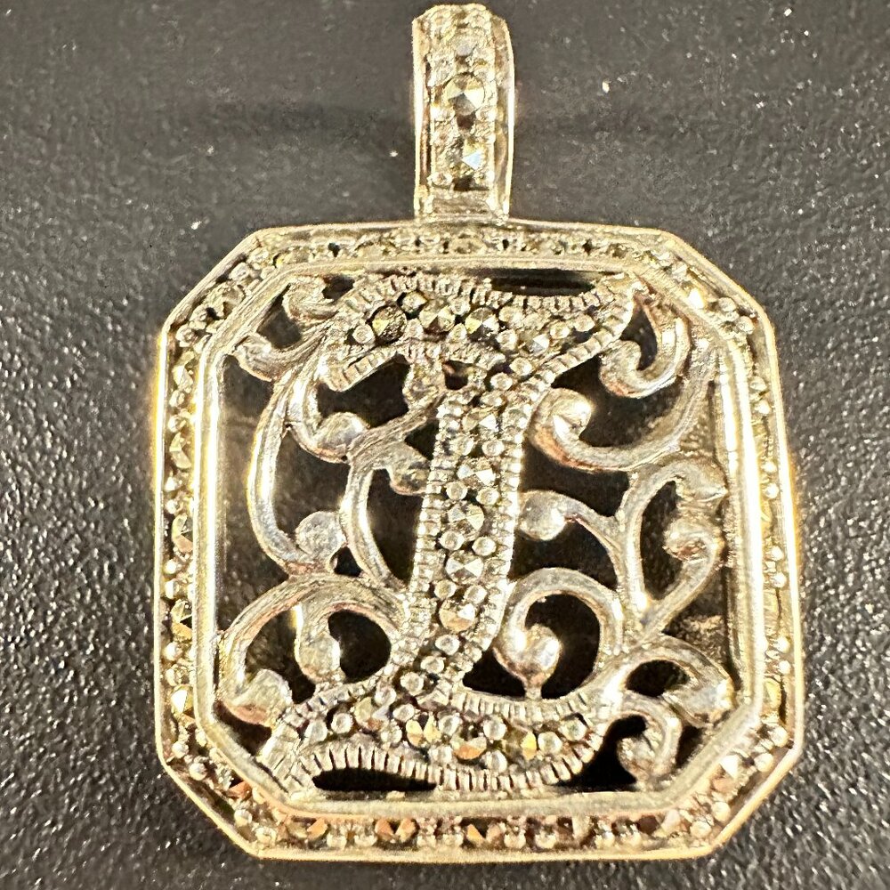 Sterling Silver Art Deco Initial “I” Pendant 925 Marcasite Filigree 7g